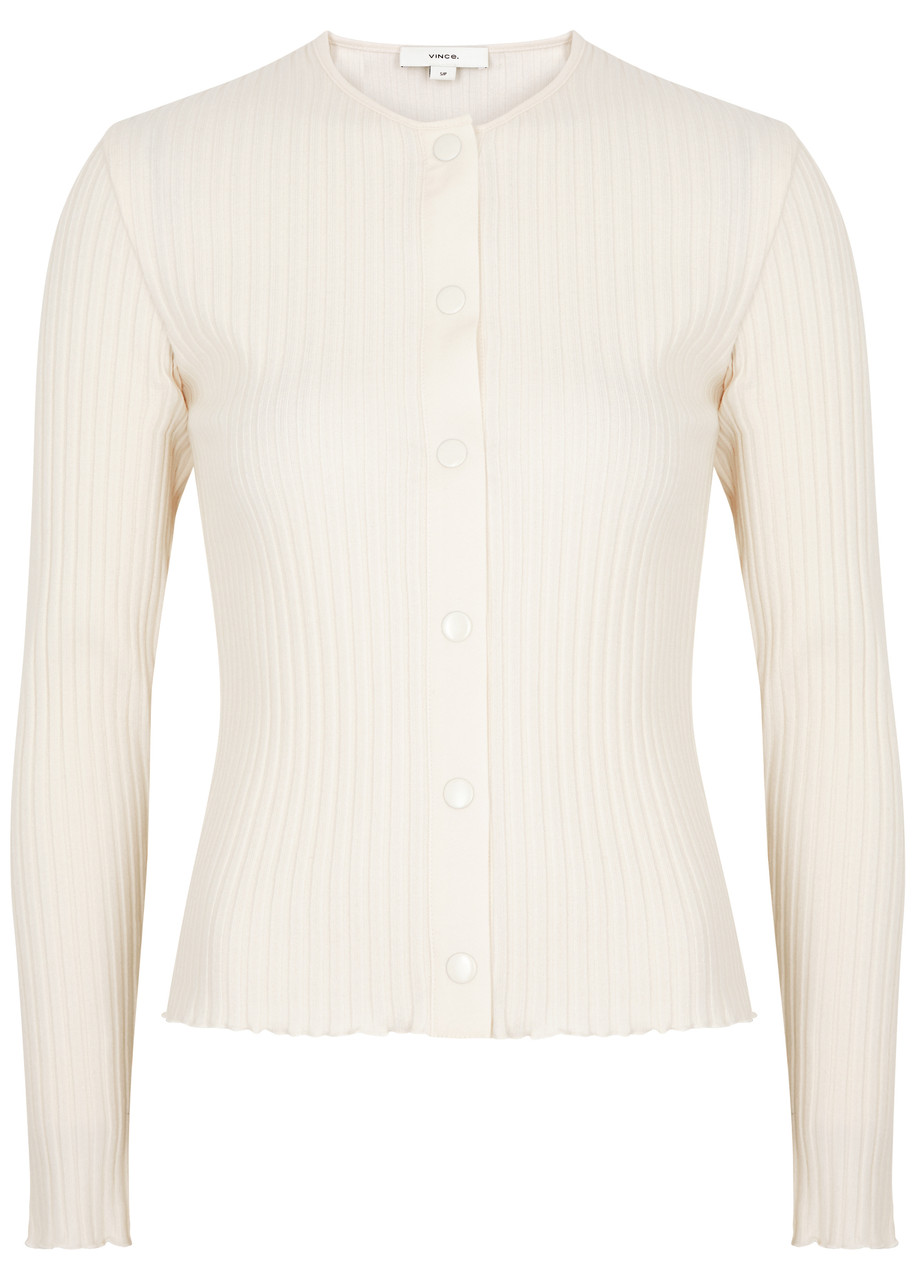 Shop Vince Ribbed Cotton-blend Cardigan In Off White