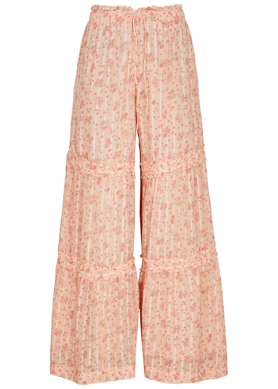Free People Emmaline Printed Chiffon Trousers - Peach - M (UK 12-14 / M)