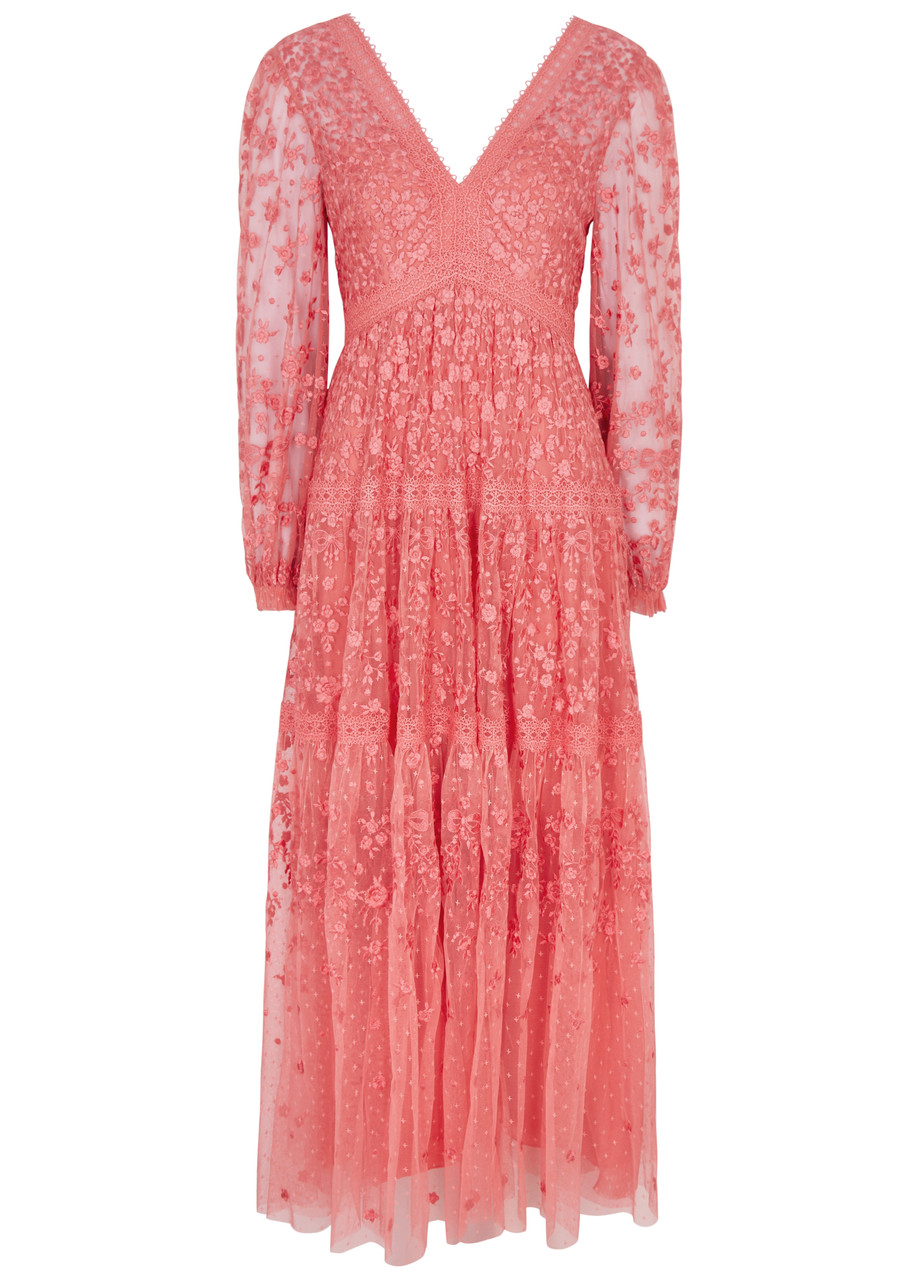 Shop Needle & Thread Celestia Ribbon Embroidered Tulle Maxi Dress In Pink