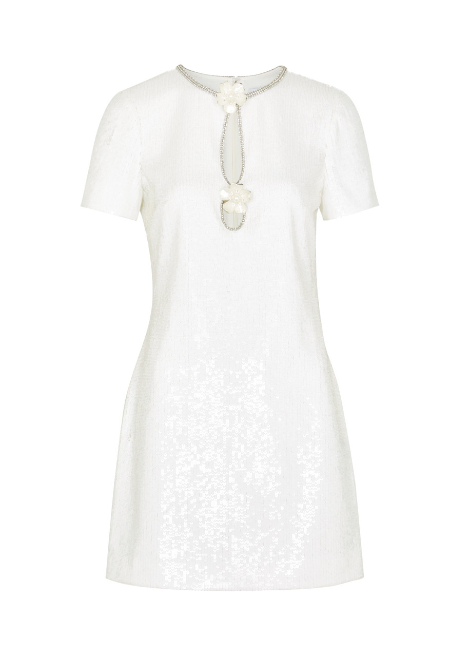 Shop Self-portrait Embellished Sequin Mini Dress In White