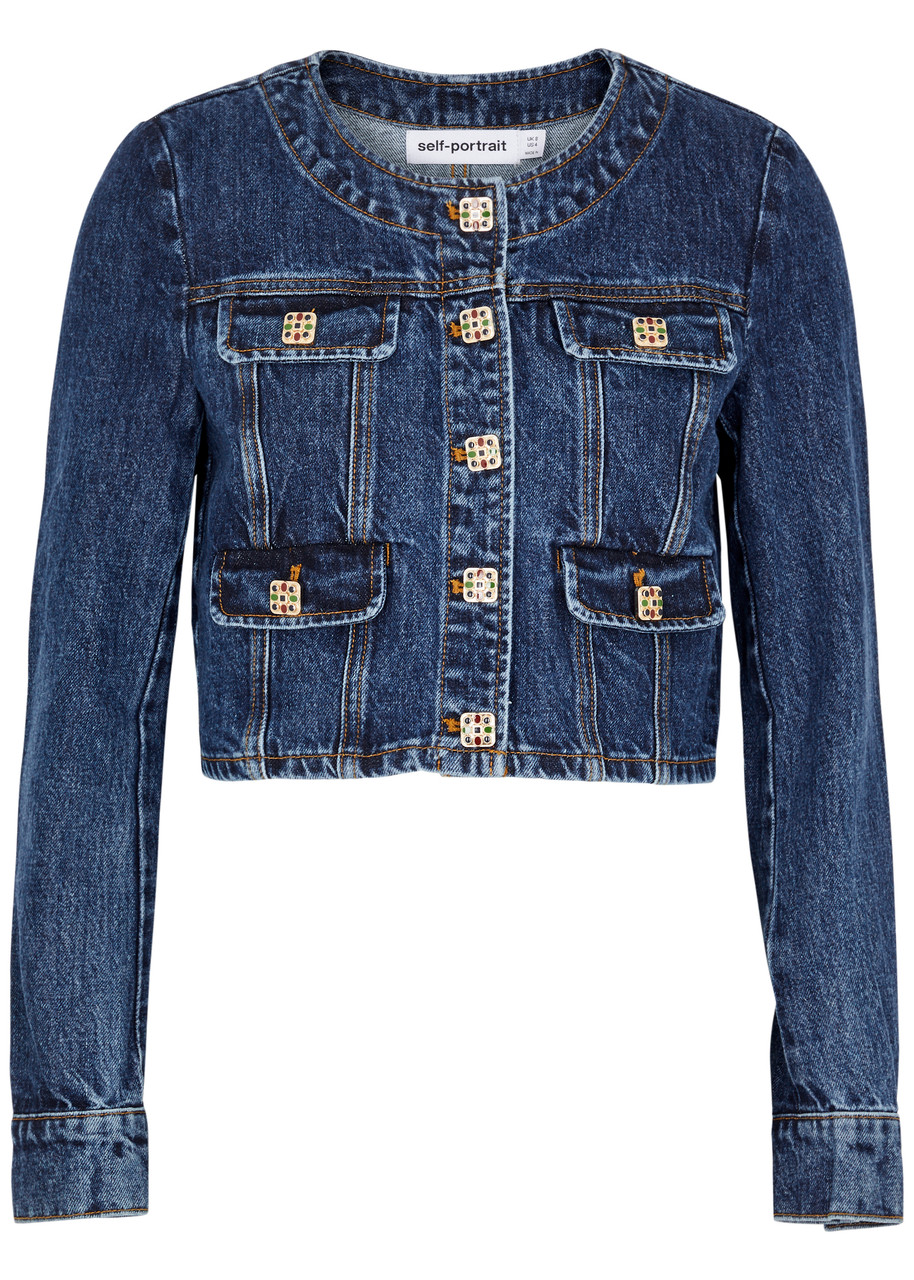 Shop Self-portrait Embellished Cropped Denim Jacket