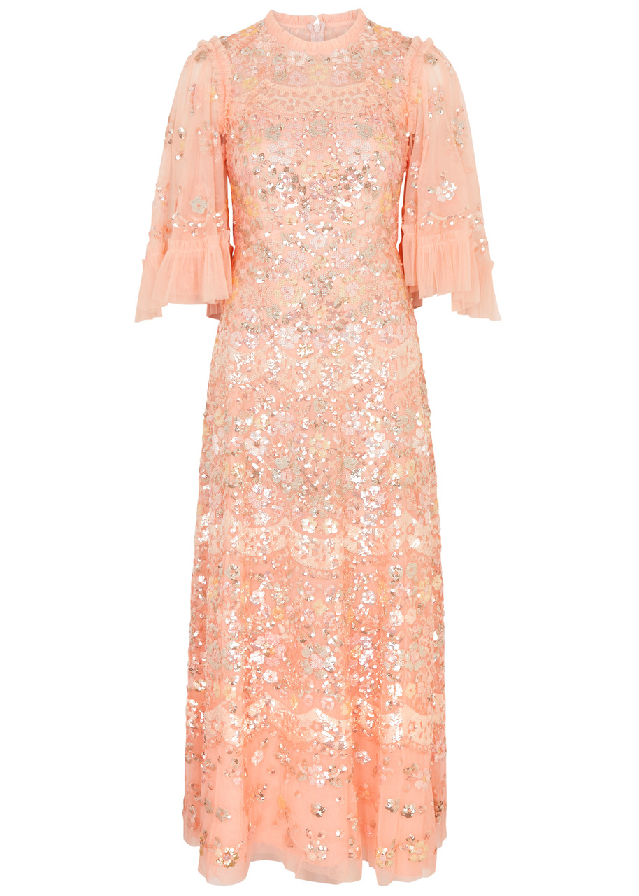 Shop Needle & Thread Garden Delight Embellished Tulle Maxi Dress In Coral