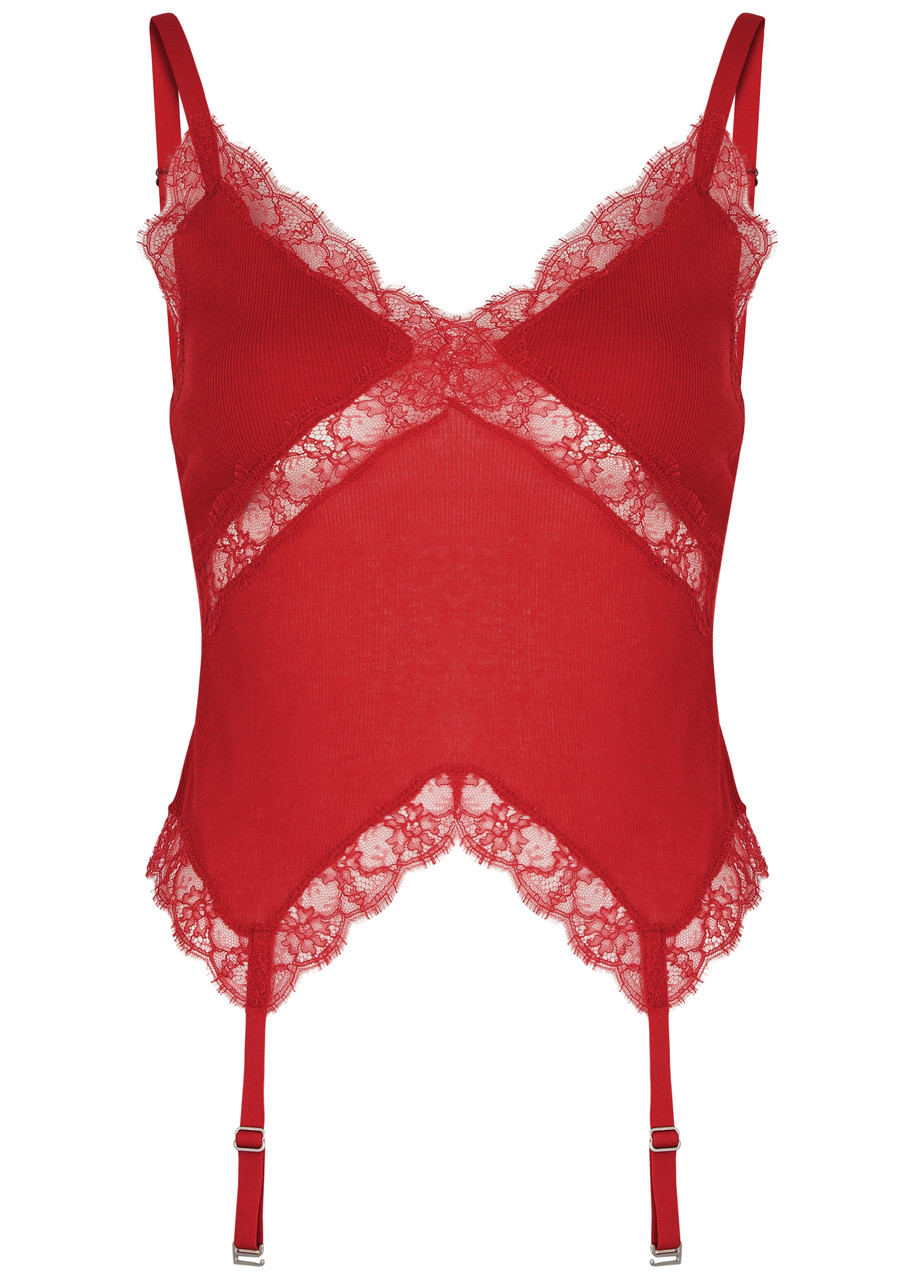 Shop Dion Lee Lace-trimmed Cotton-blend Tank In Red