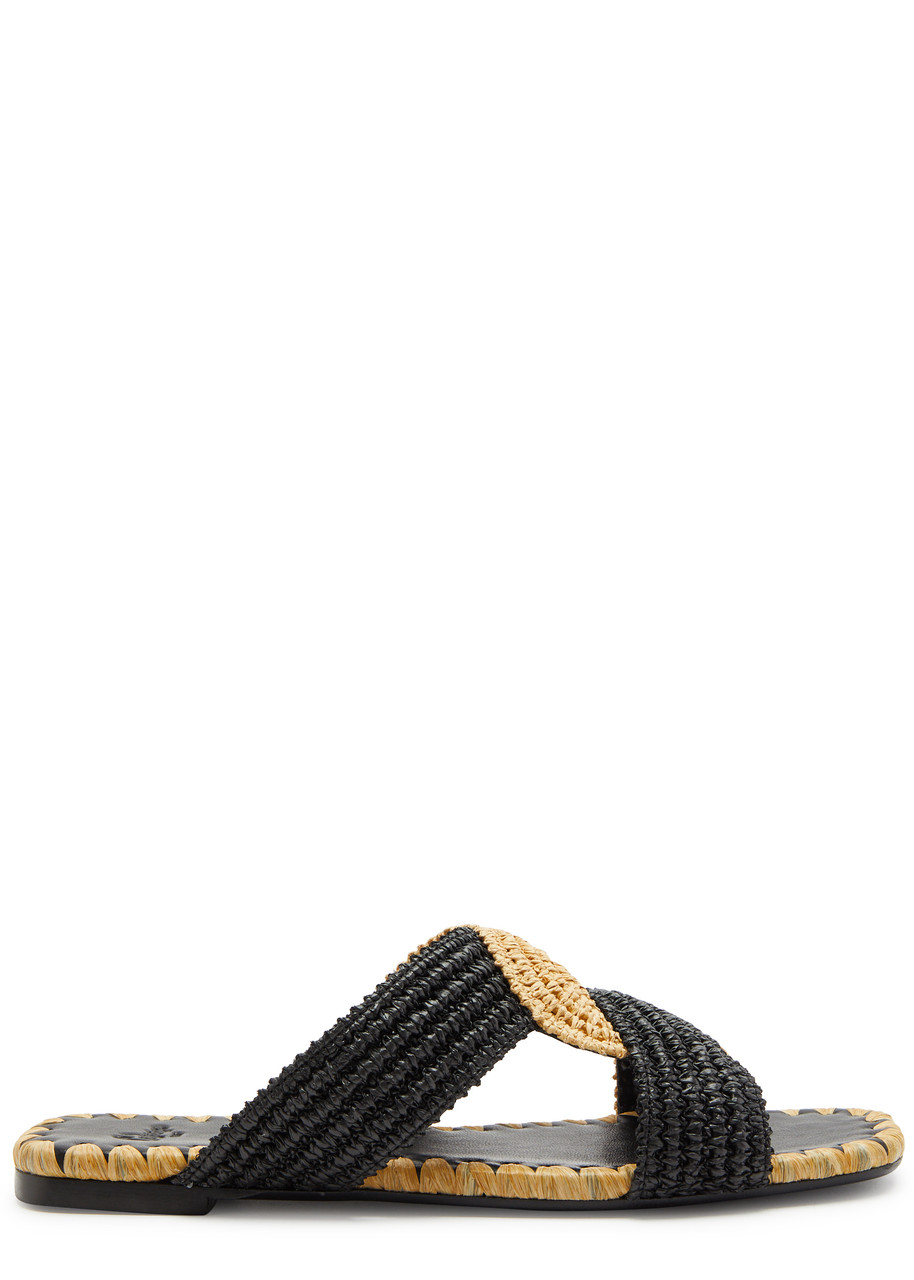 Shop Castaã±er Castañer Prado Raffia Sliders In Black