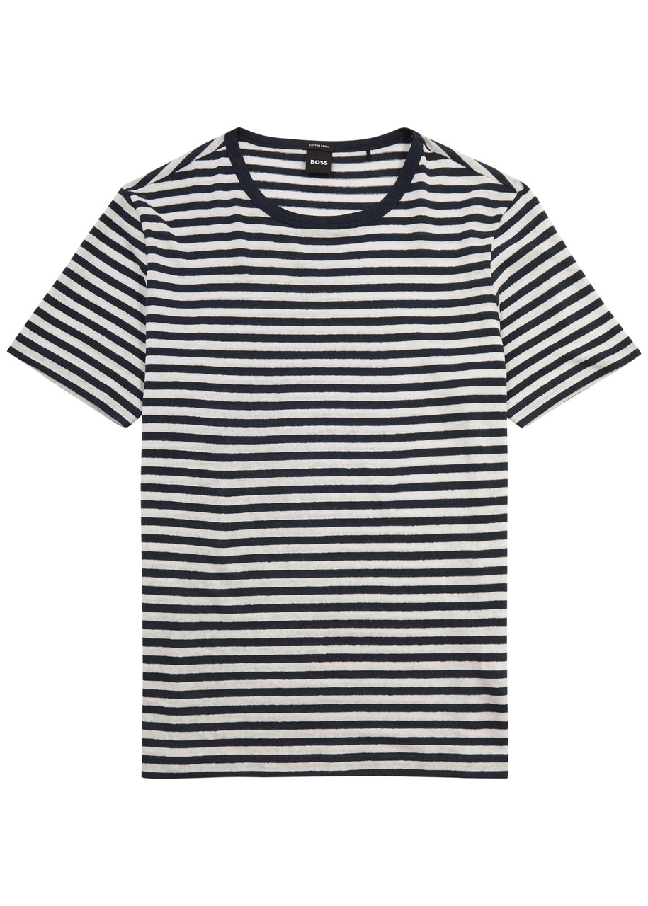 Shop Hugo Boss Boss Tiburt Striped Cotton-blend T-shirt In Navy