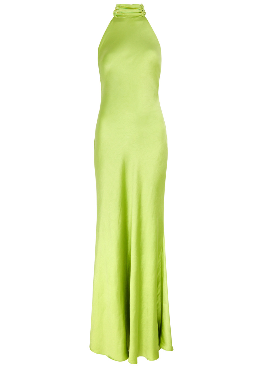 Shop Misha Evianna Halterneck Satin Gown In Lime