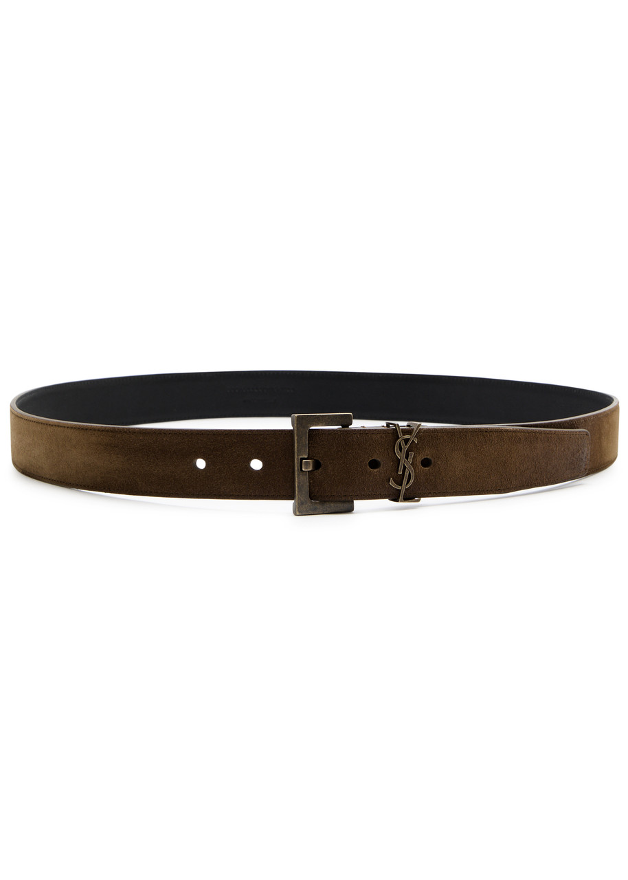 Saint Laurent Logo Suede Belt In Brown