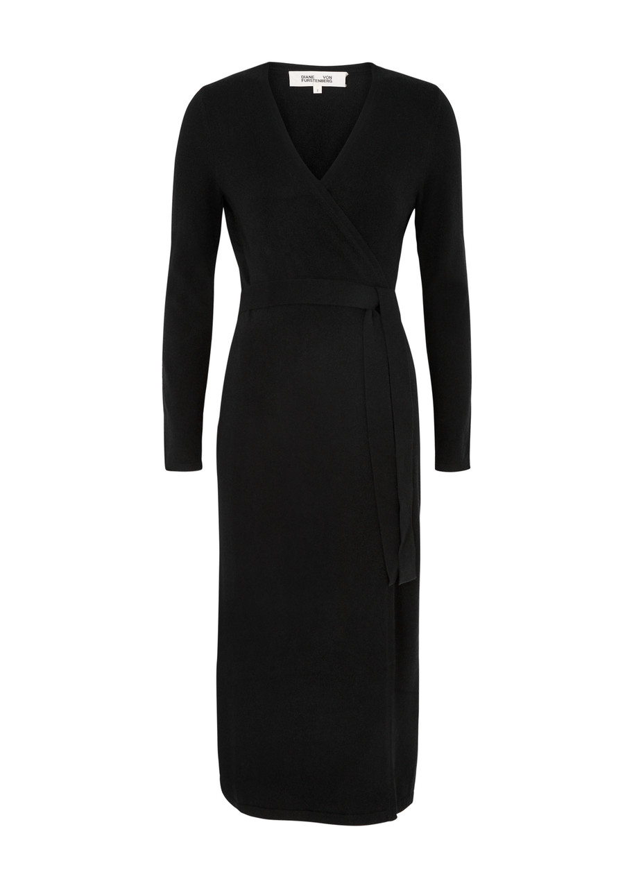 Shop Diane Von Furstenberg Astrid Wool-blend Midi Wrap Dress In Black