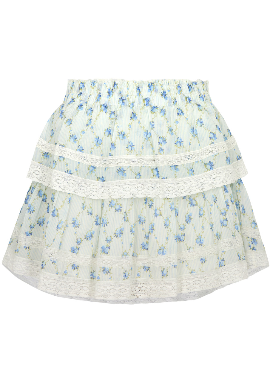 Shop Loveshackfancy Ruffle Floral-print Cotton Mini Skirt In Blue And White