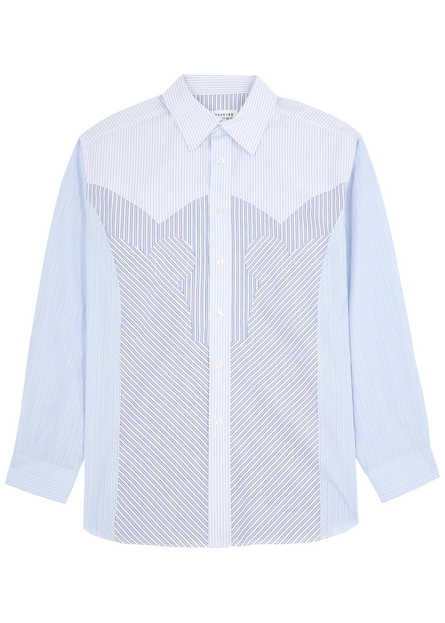 Shop Maison Margiela Panelled Striped Cotton Shirt In White And Blue