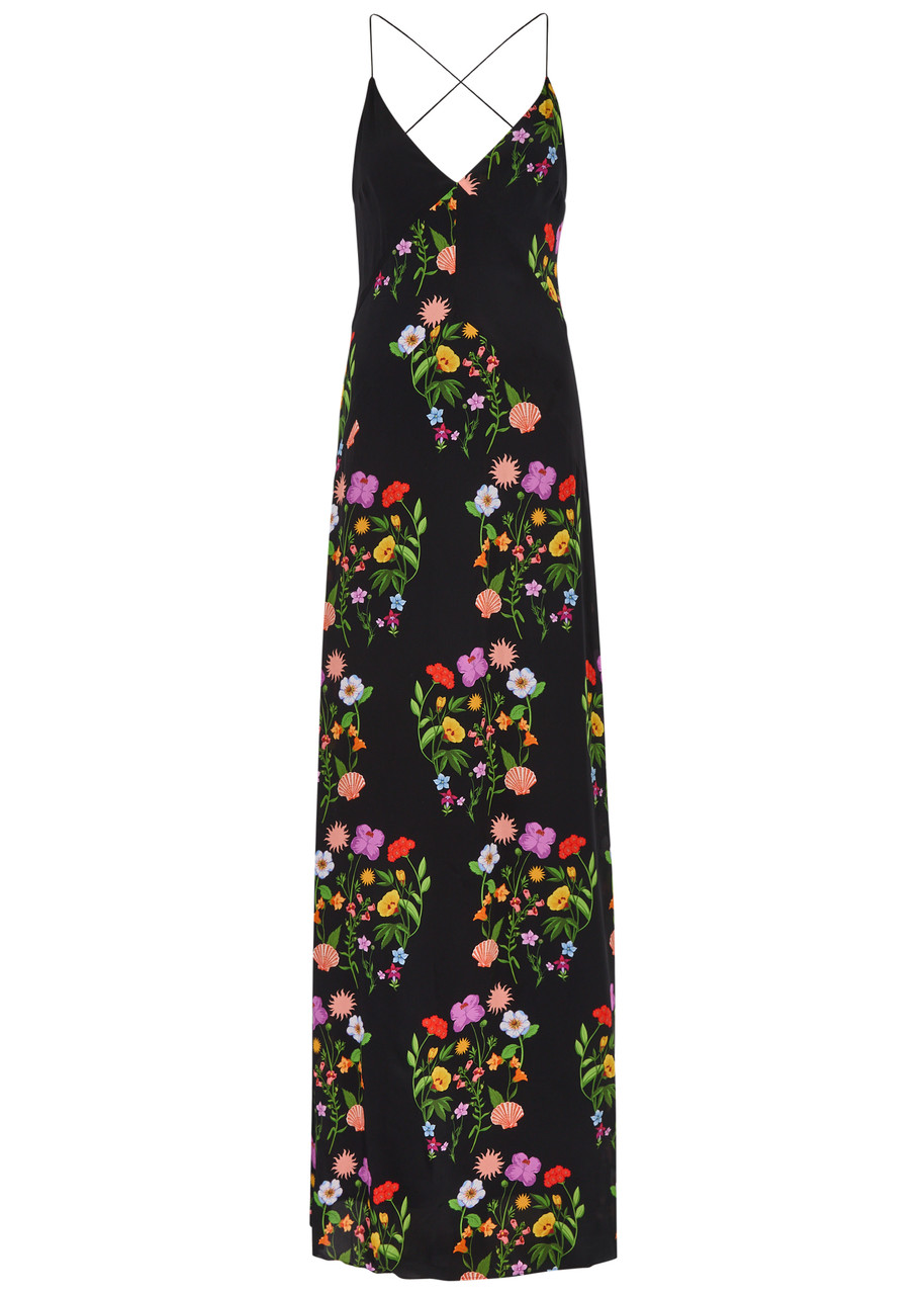 Olive Floral-print Crepe de Chine Maxi Dress