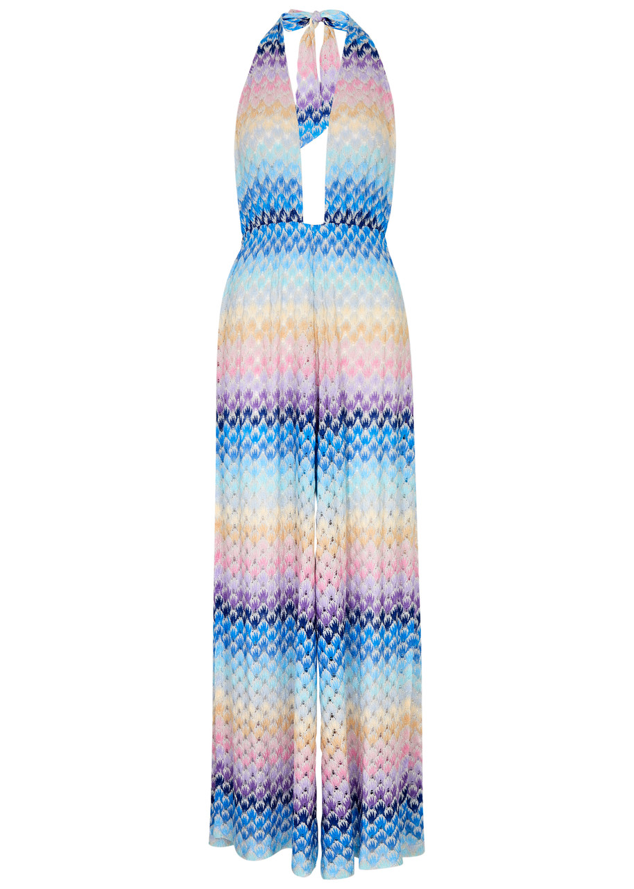 Shop Missoni Halterneck Metallic Fine-knit Jumpsuit In Blue