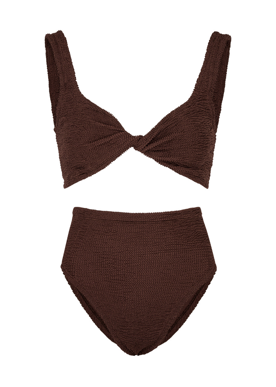 Hunza G - Jamie Seersucker Bikini, Chocolate, One Size, Twisted Detail At Bust, High Waist, Machine Wash, Hunza G Jamie Twist