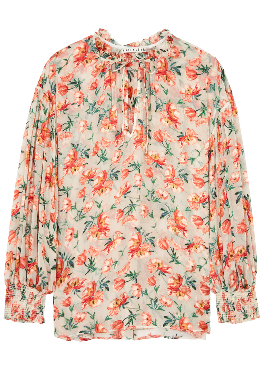 Shop Alice And Olivia Alice + Olivia Julius Floral-jacquard Chiffon Blouse In Multicoloured