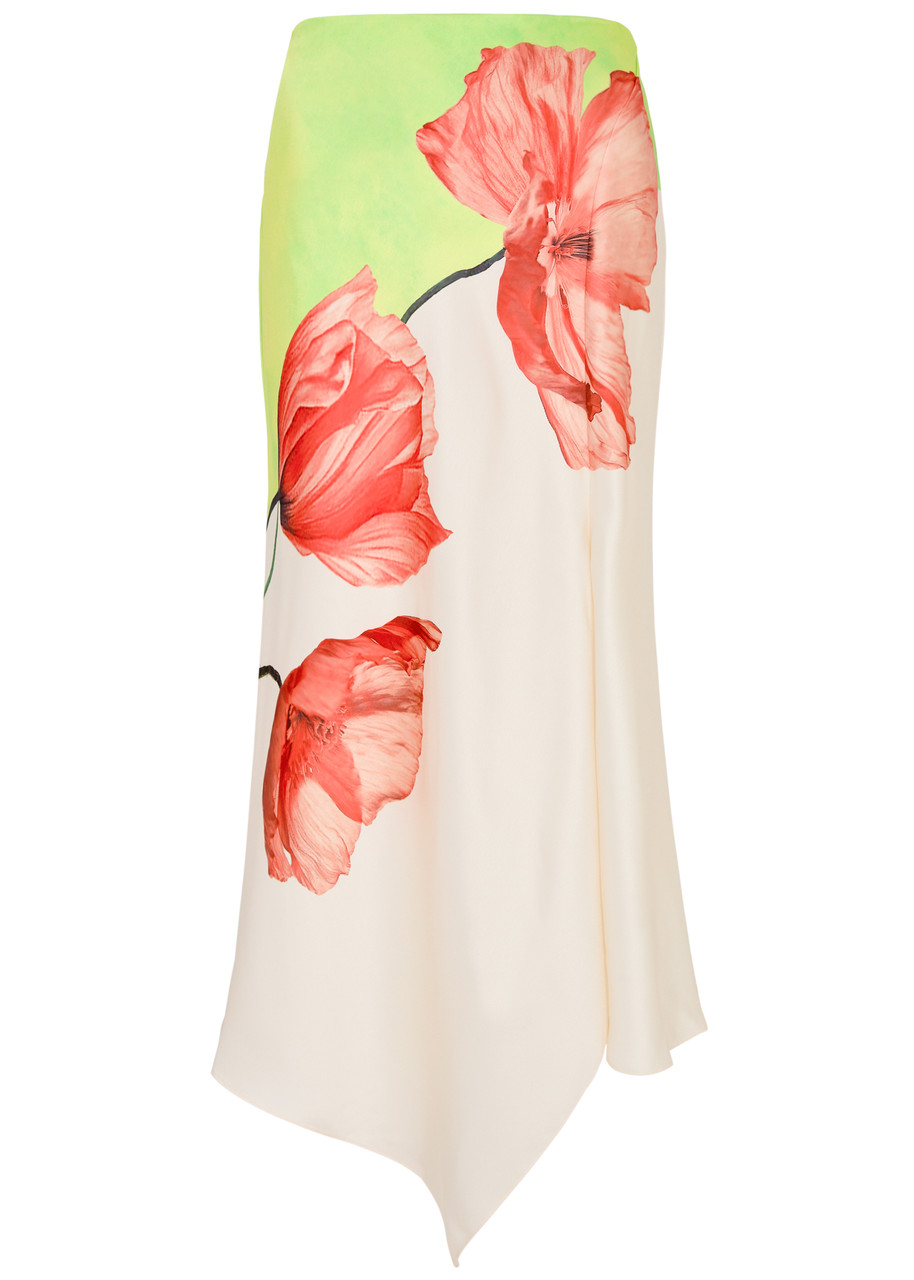Shop Alice And Olivia Harmony Floral-print Satin Midi Skirt In Green