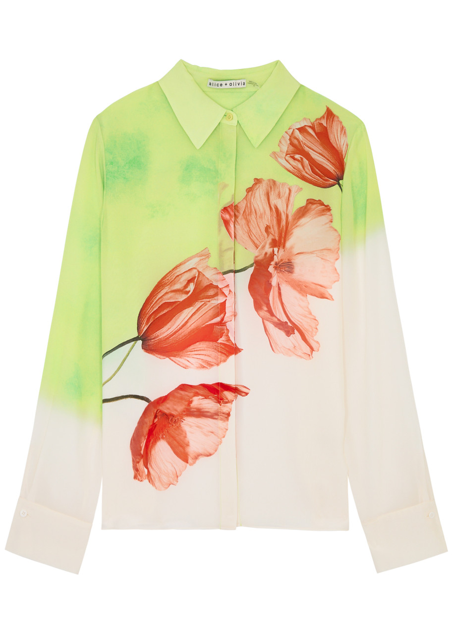 Shop Alice And Olivia Alice + Olivia Brady Floral-print Silk Shirt In Green