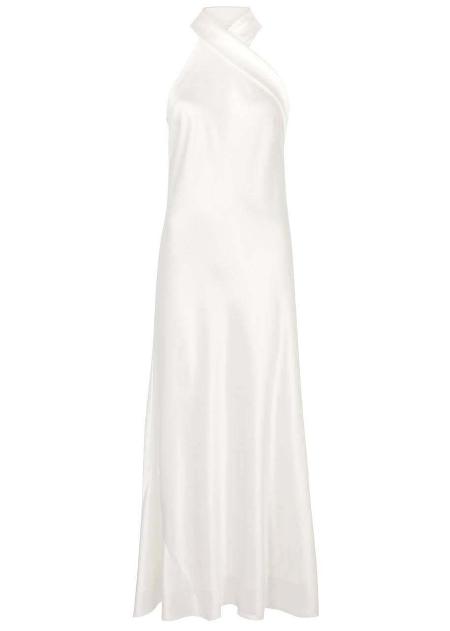 Shop Galvan Cropped Pandora Satin Maxi Dress In Off White