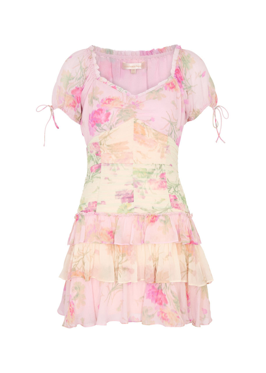 Shop Loveshackfancy Jupe Floral-print Chiffon Mini Dress In Pink And White
