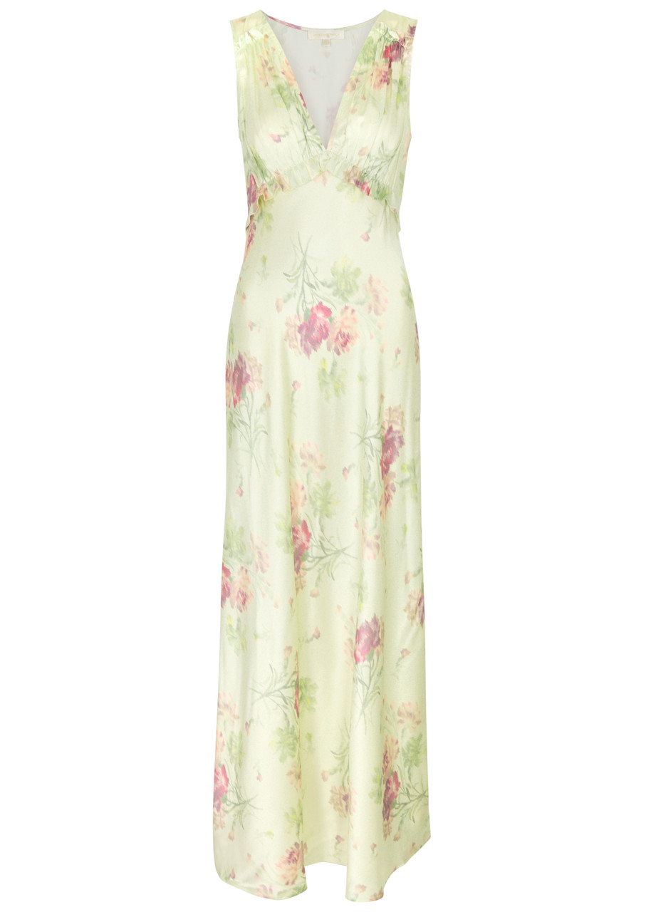 Shop Loveshackfancy Suniva Floral-print Silk Maxi Dress In Peach