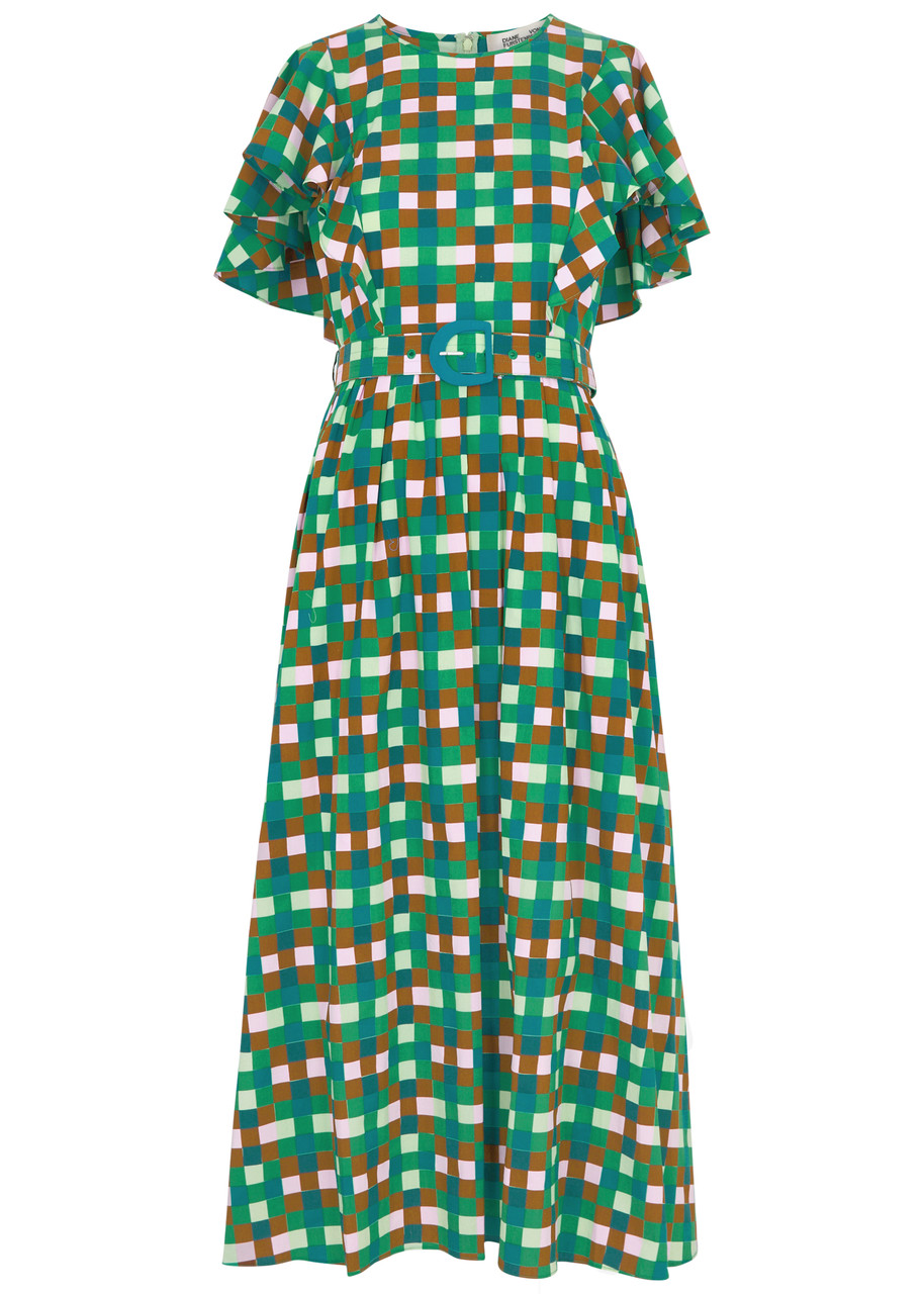 Shop Diane Von Furstenberg Damon Checked Cotton-blend Midi Dress In Mint
