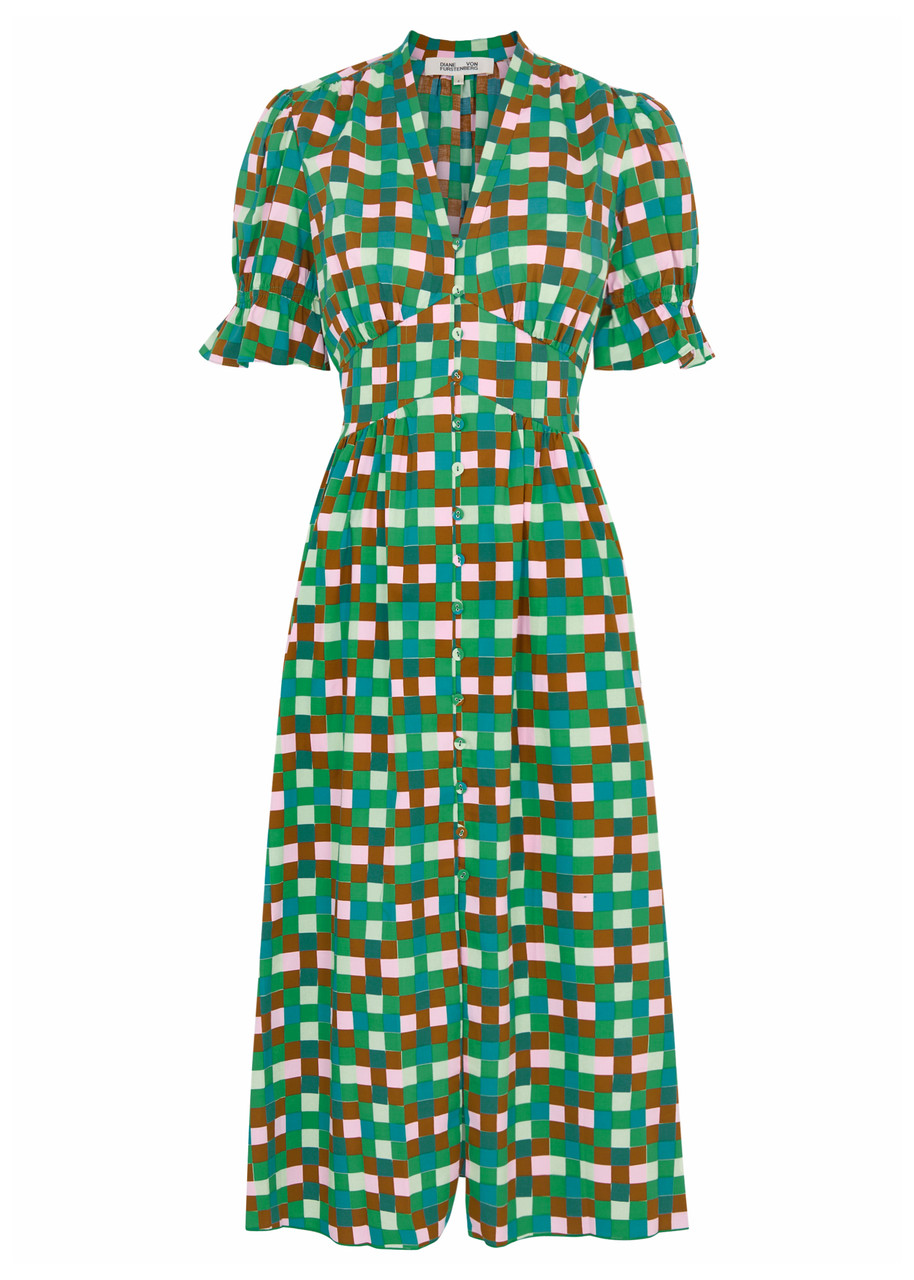 Shop Diane Von Furstenberg Erica Checked Stretch-cotton Midi Dress In Mint