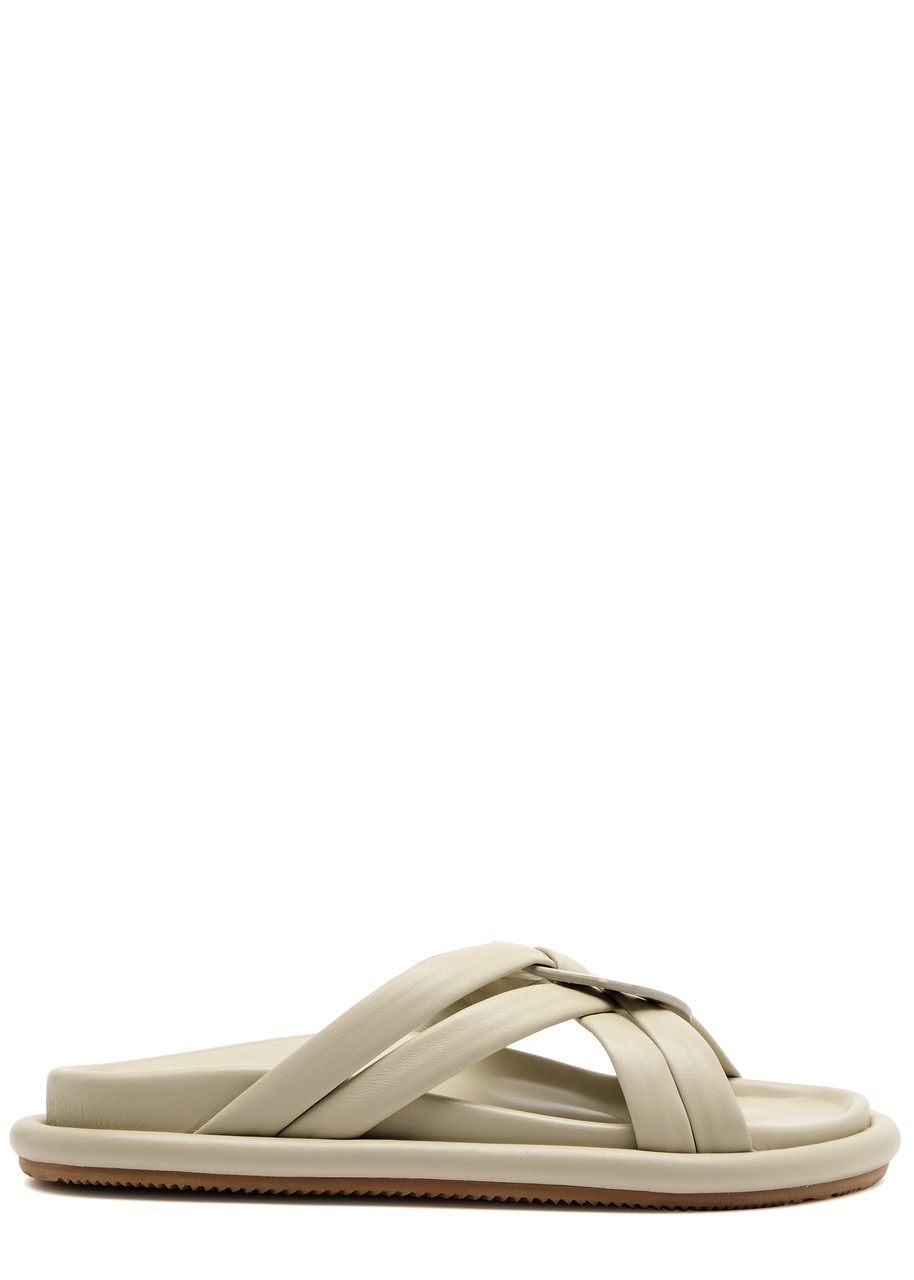 Shop Moncler Bell Woven Leather Sliders In Ivory