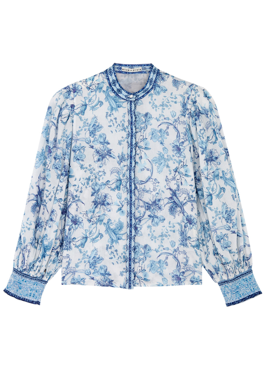Shop Alice And Olivia April Floral-print Cotton Blouse In Blue