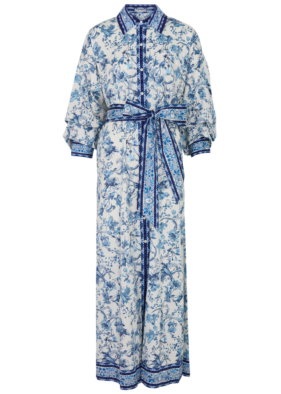 Shop Alice And Olivia Alice + Olivia Tanika Printed Stretch-cotton Maxi Shirt Dress In Blue