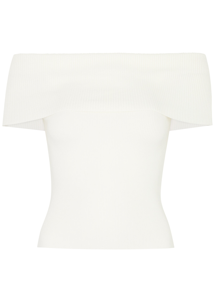 Shop Alice And Olivia Dolan Off-the-shoulder Ribbed-knit Top In Off White
