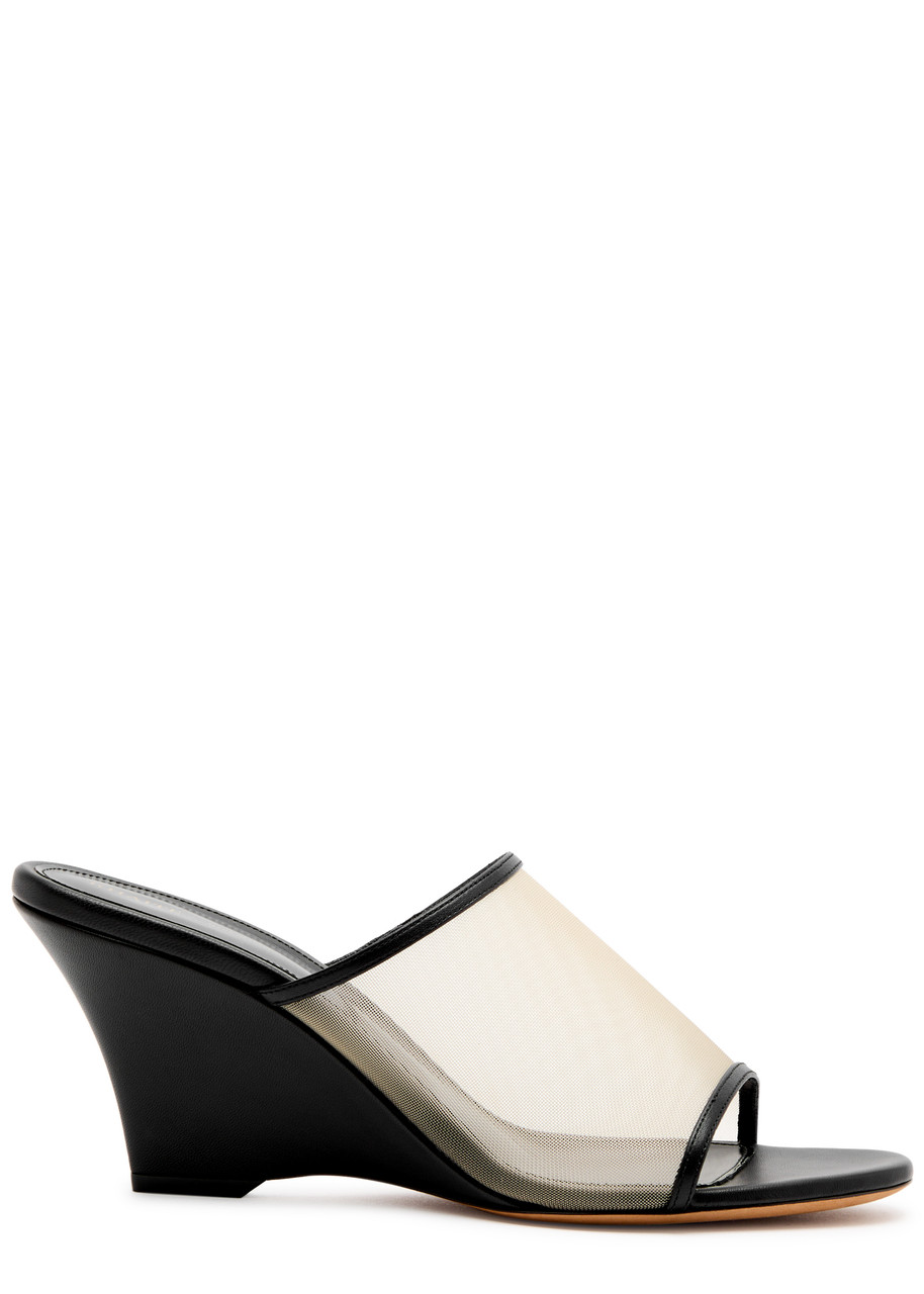 Shop Khaite Marion 90 Mesh And Leather Wedge Mules In Black