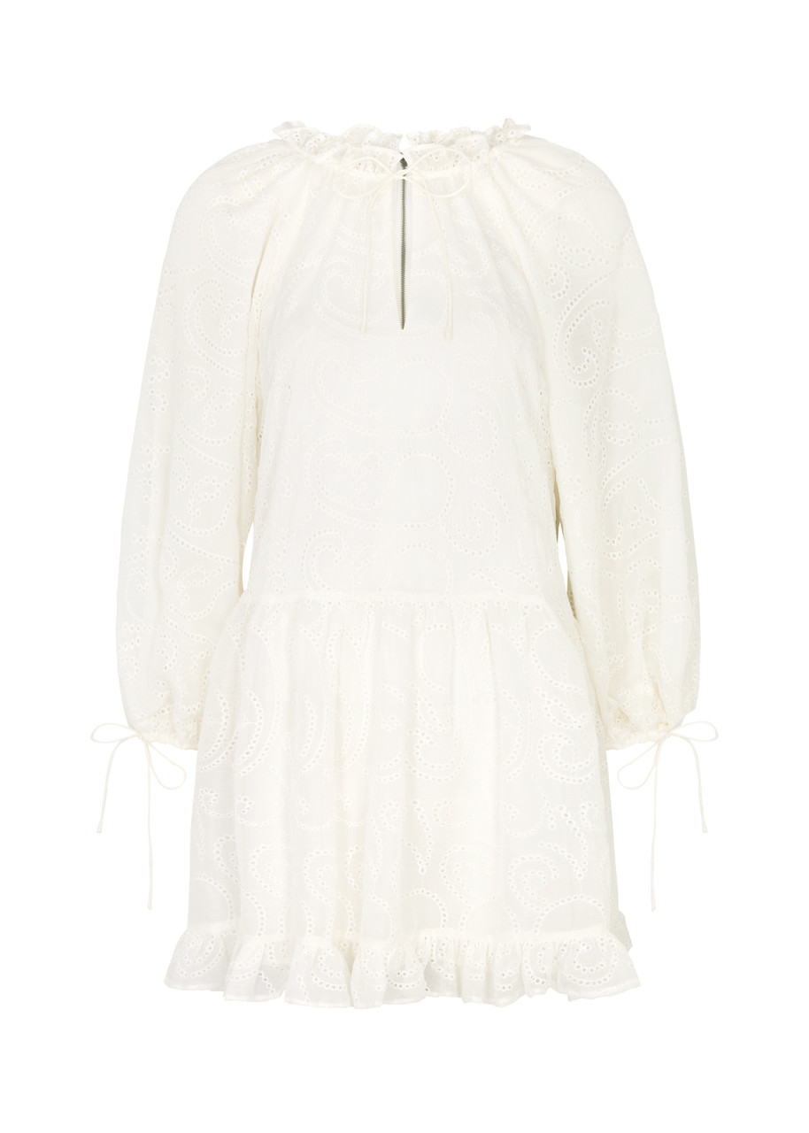 Shop Alice And Olivia Alice + Olivia Sherrie Broderie Anglaise Chiffon Mini Dress In Off White