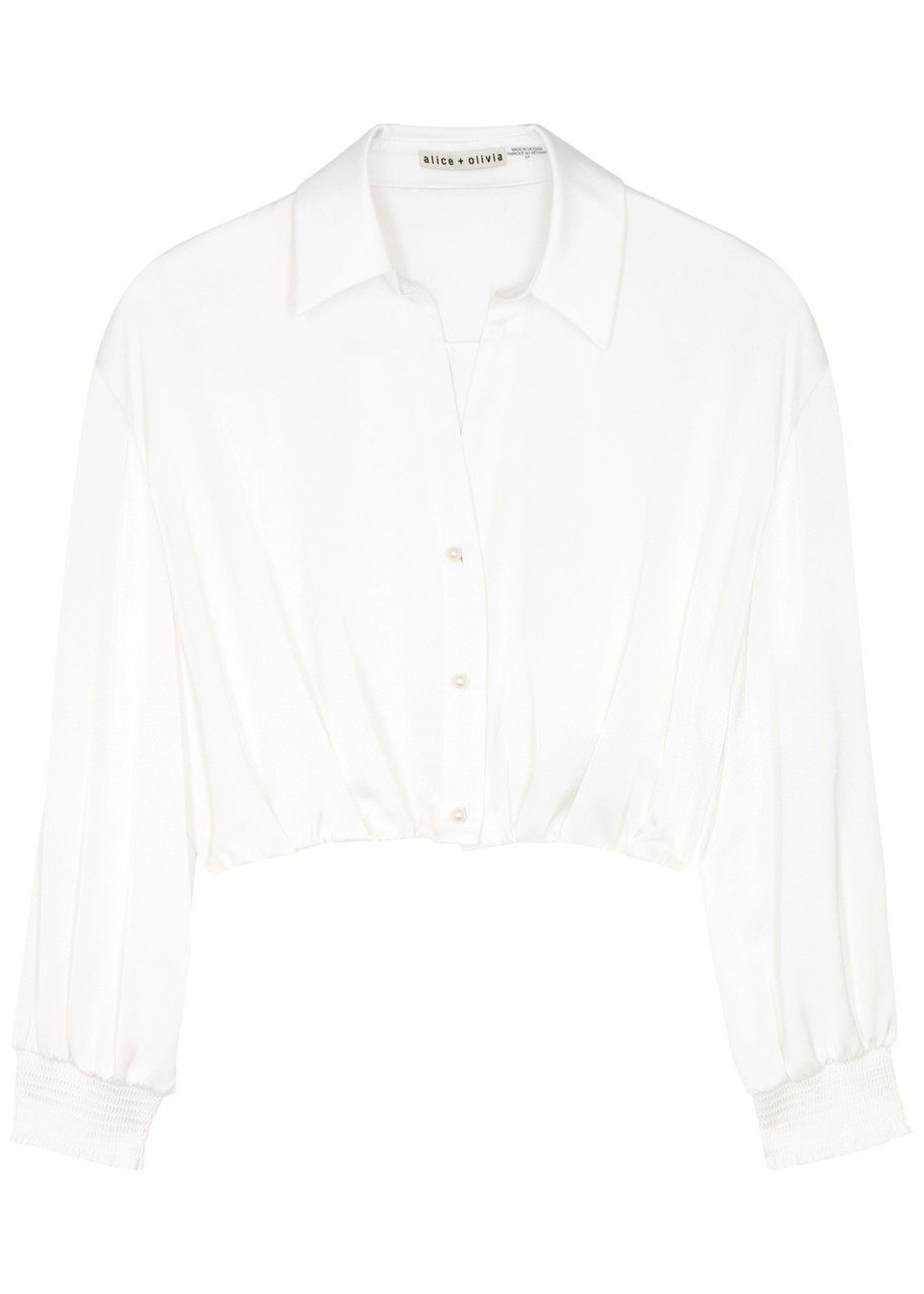 Shop Alice And Olivia Alice + Olivia Pierre Cropped Satin Shirt In Off White