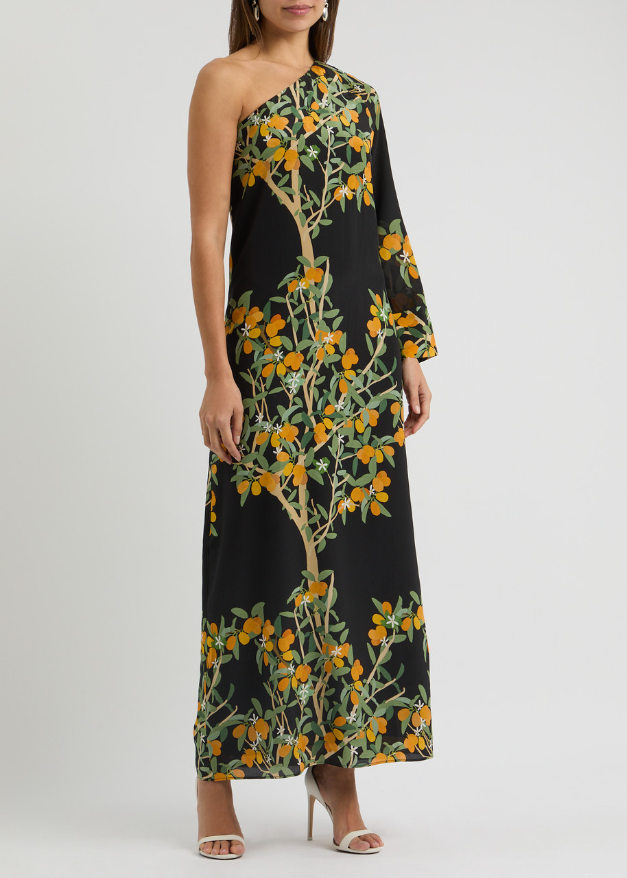 Shop Bernadette Lola Floral-print One-shoulder Silk Maxi Dress In Black