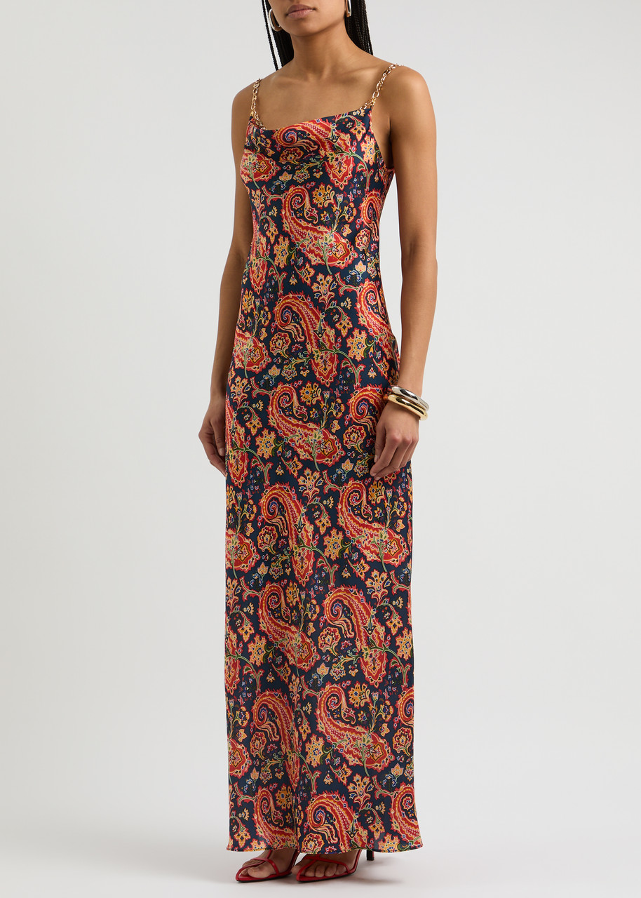 Rabanne Chainmail-embellished Paisley-print Satin Maxi Dress In Multi Print