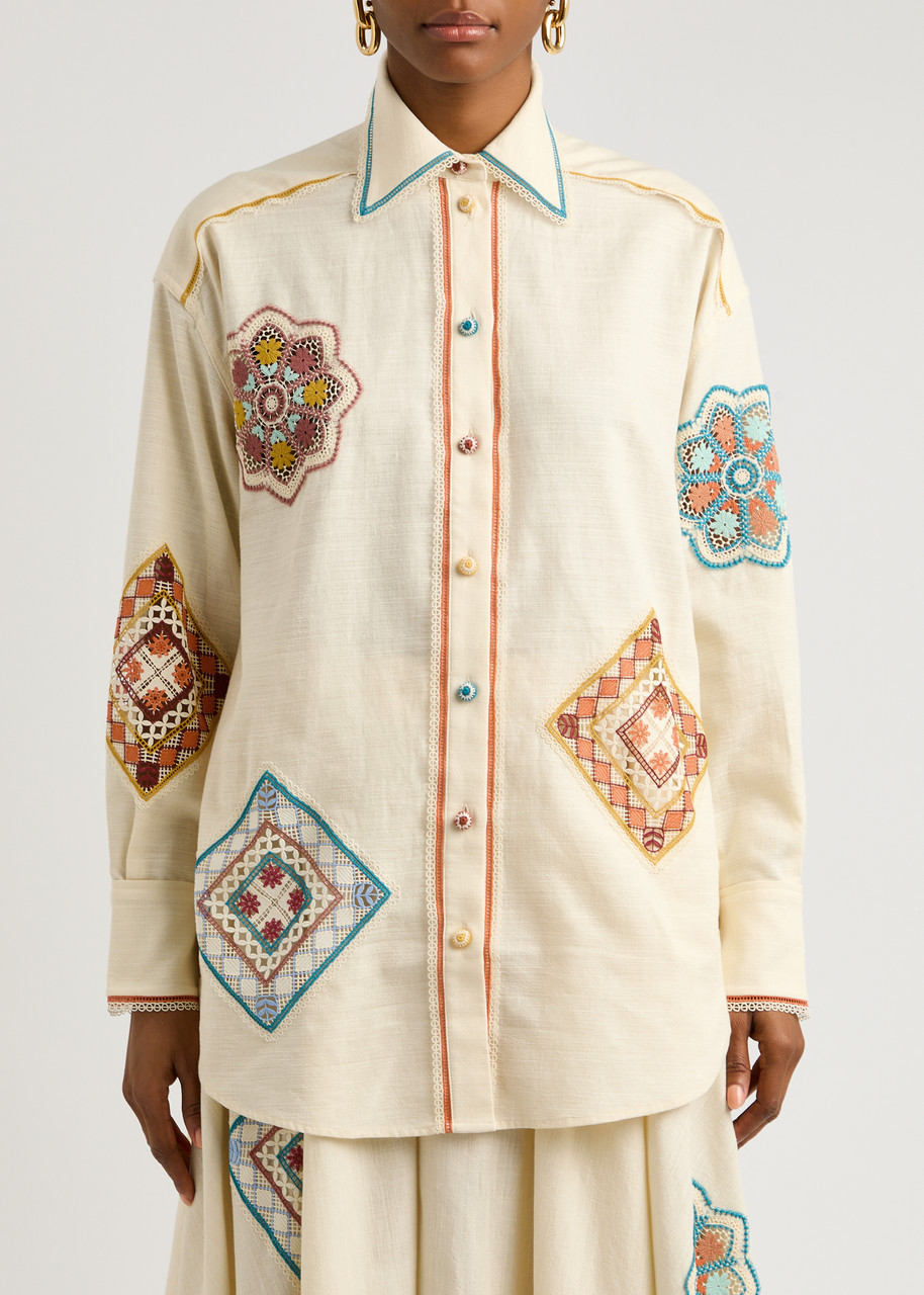 Shop Zimmermann Ottie Doily Crochet-panelled Cotton Shirt In Multicoloured 1