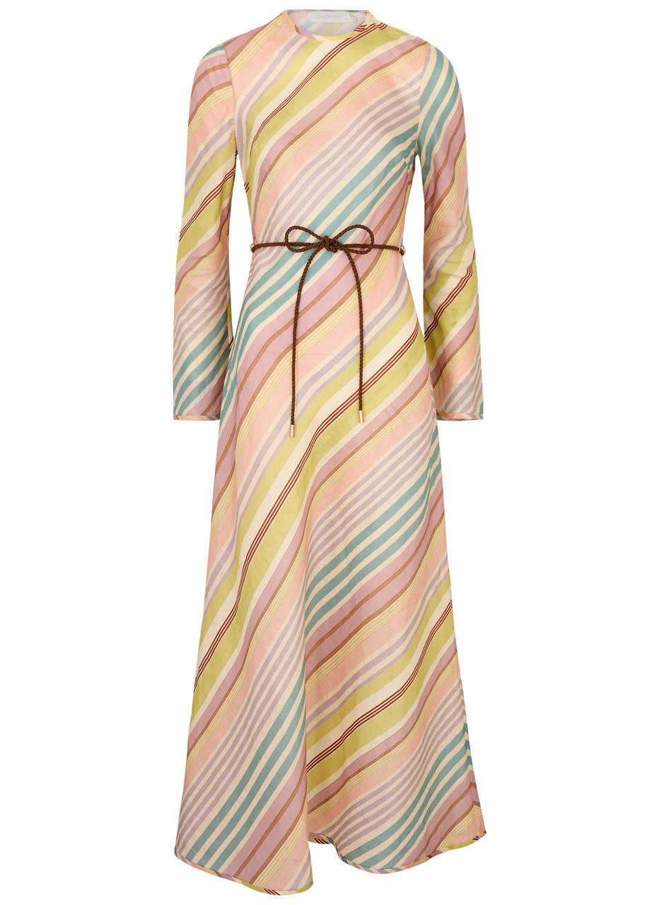 Zimmermann Halliday Belted Striped Linen Maxi Dress In Multi
