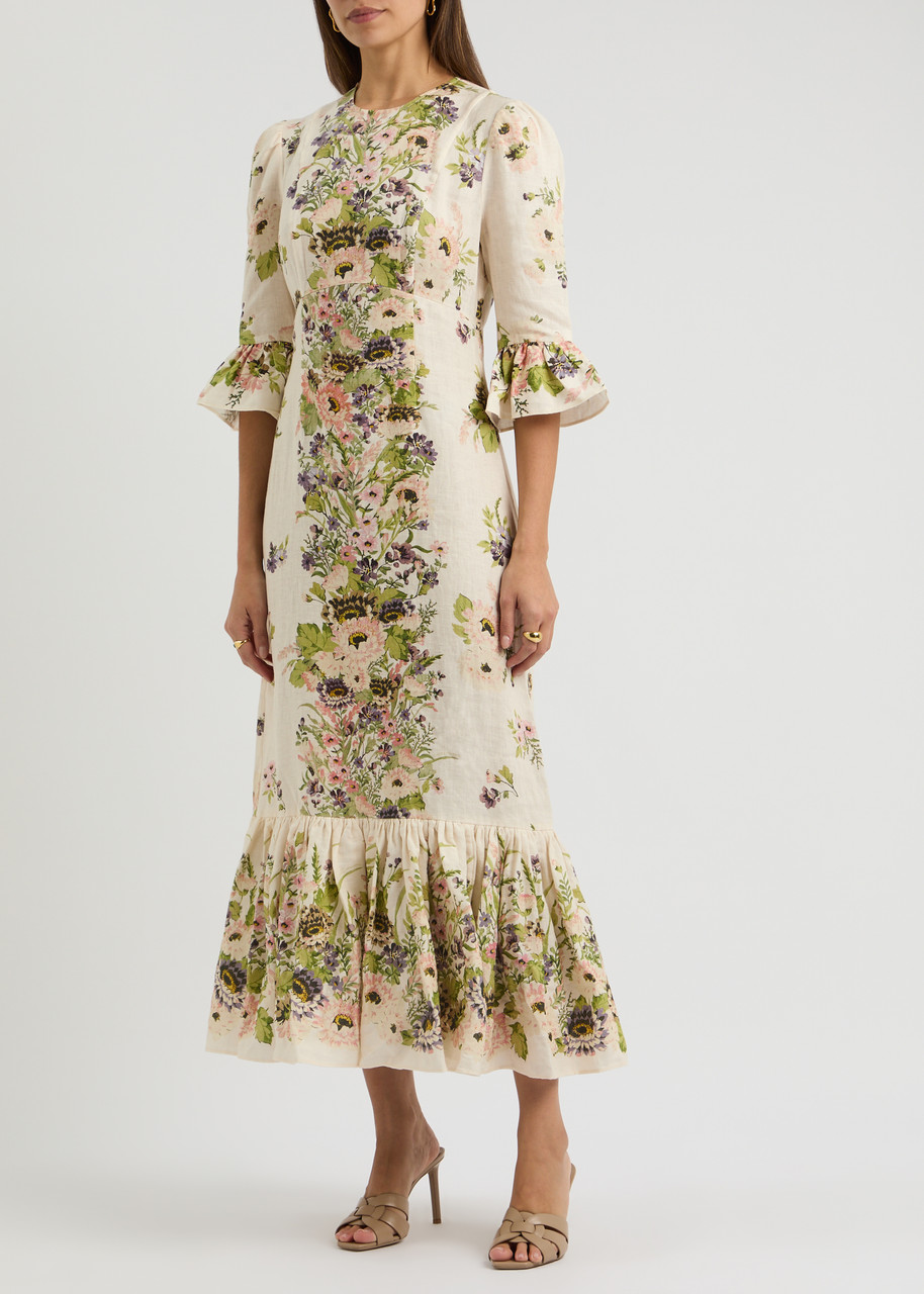 Shop Zimmermann Halliday Floral-print Linen Maxi Dress In Multi Floral