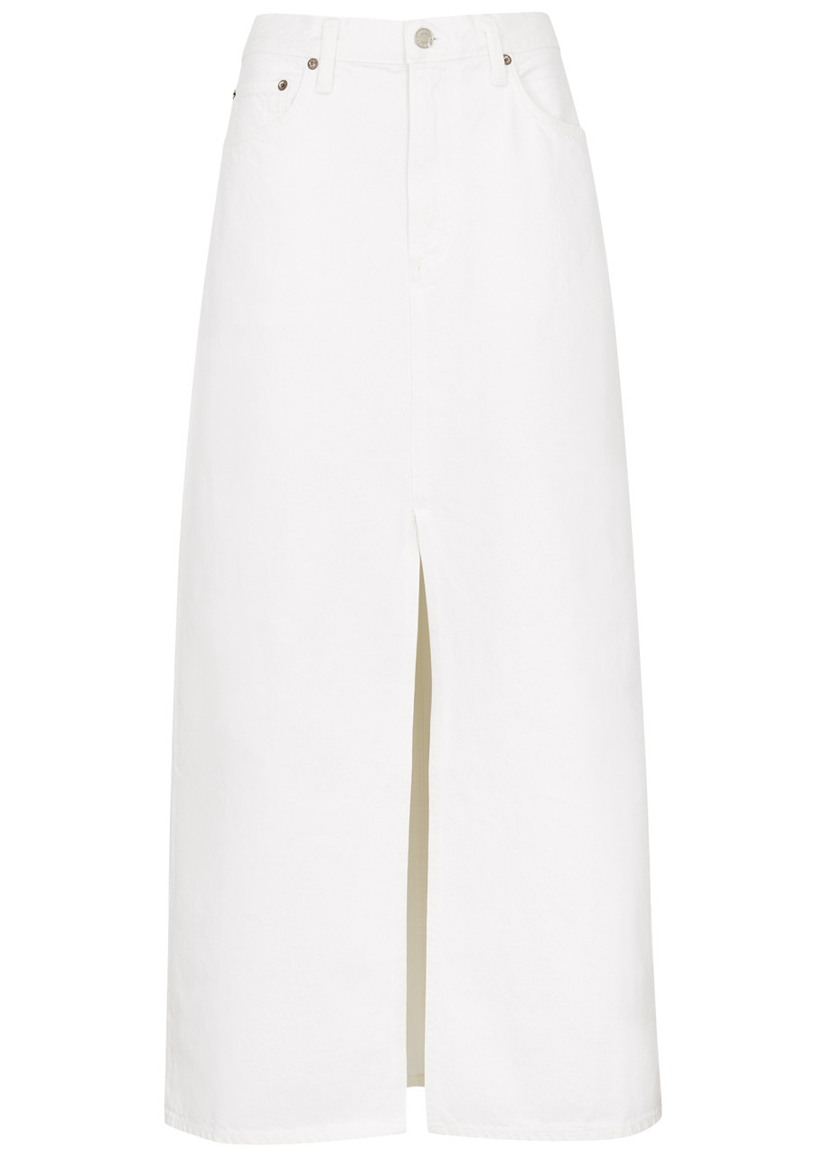 Shop Agolde Leif Denim Maxi Skirt In White