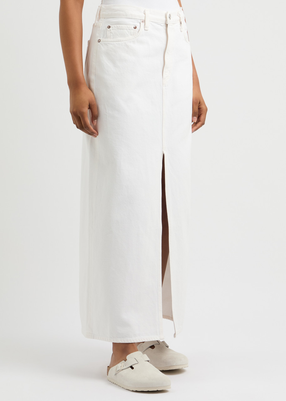 Shop Agolde Leif Denim Maxi Skirt In White