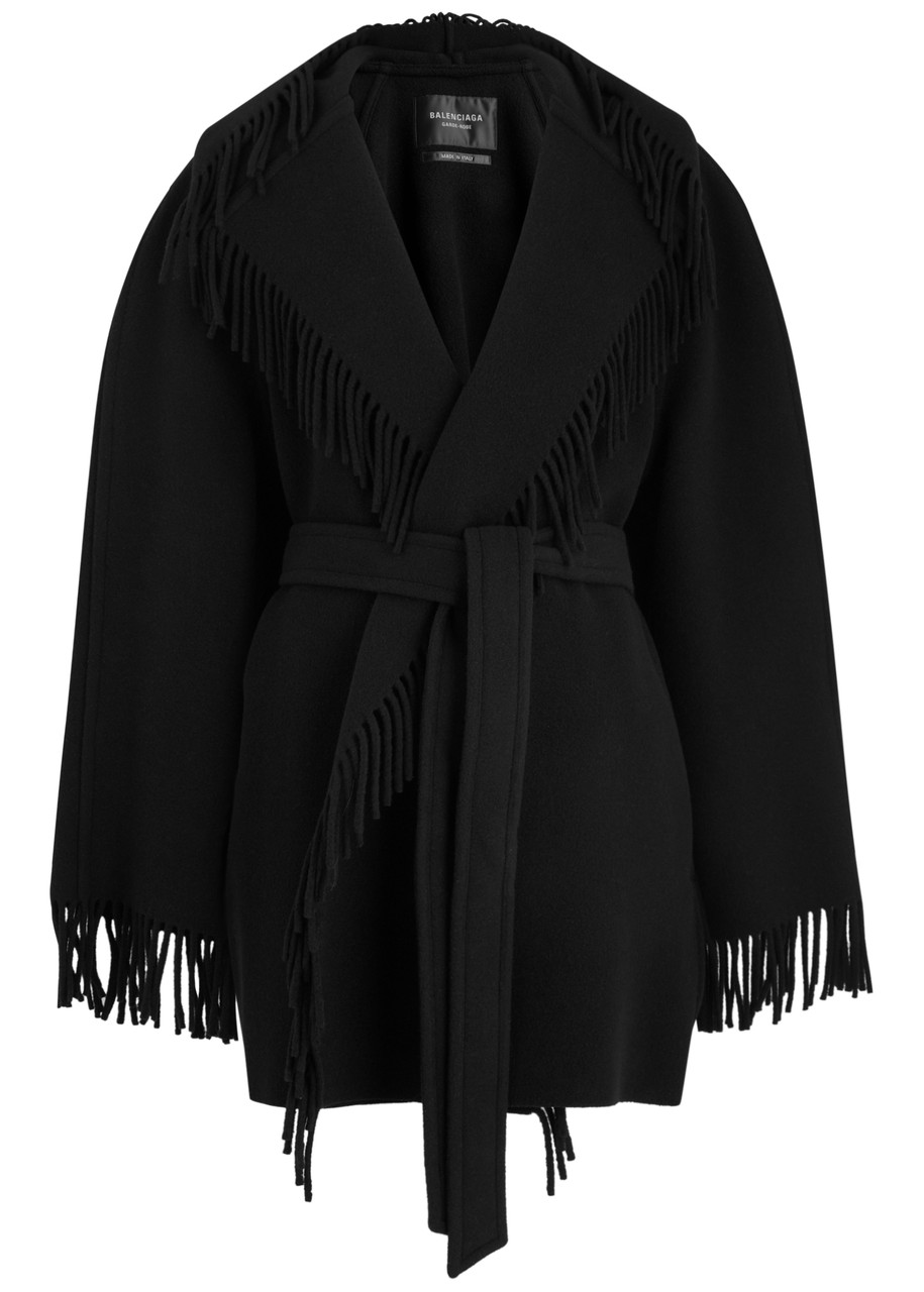 Balenciaga Fringed Hooded Wool Jacket In Black