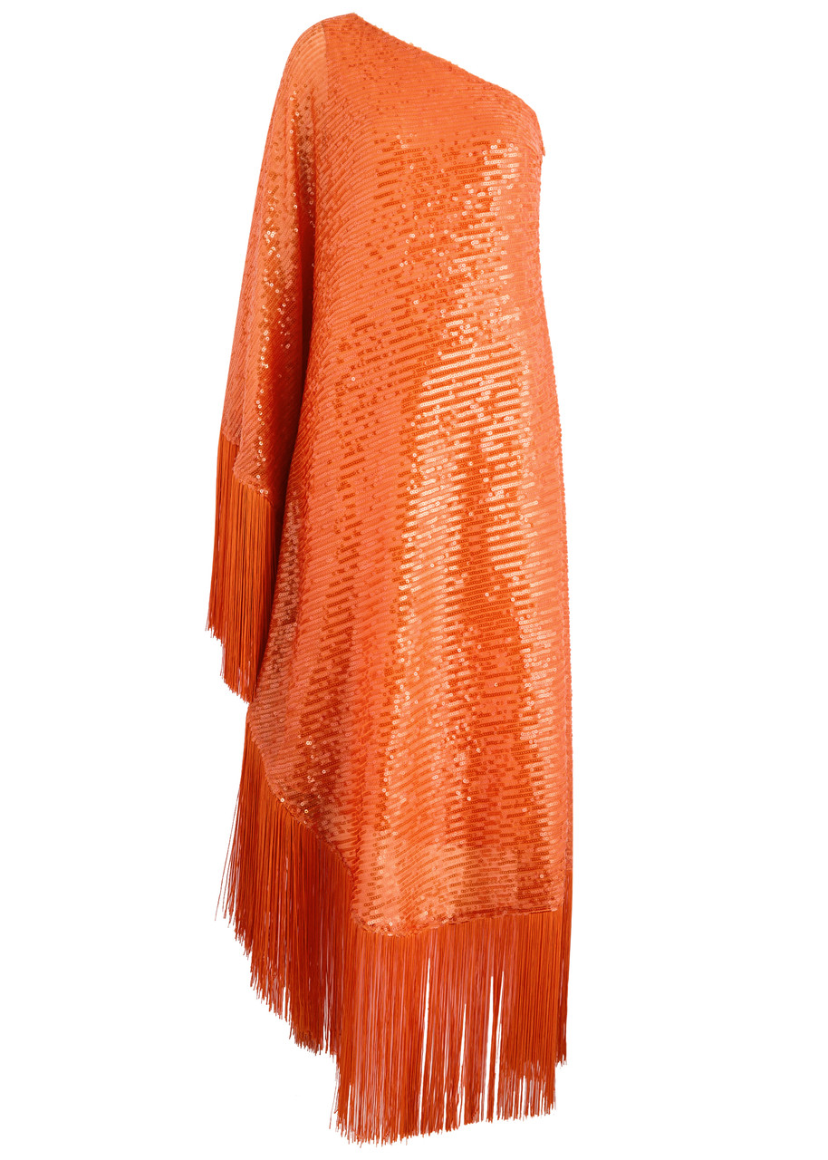 Taller Marmo Spritz Disco Fringe-trimmed Sequin Gown In Orange