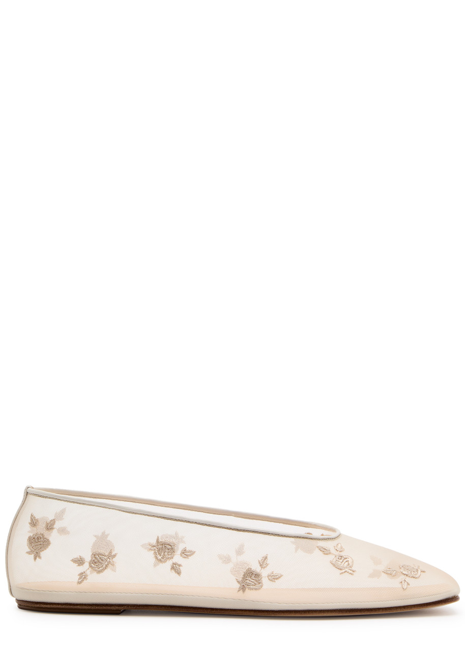 Shop Magda Butrym Floral-embroidered Mesh Ballet Flats In Cream