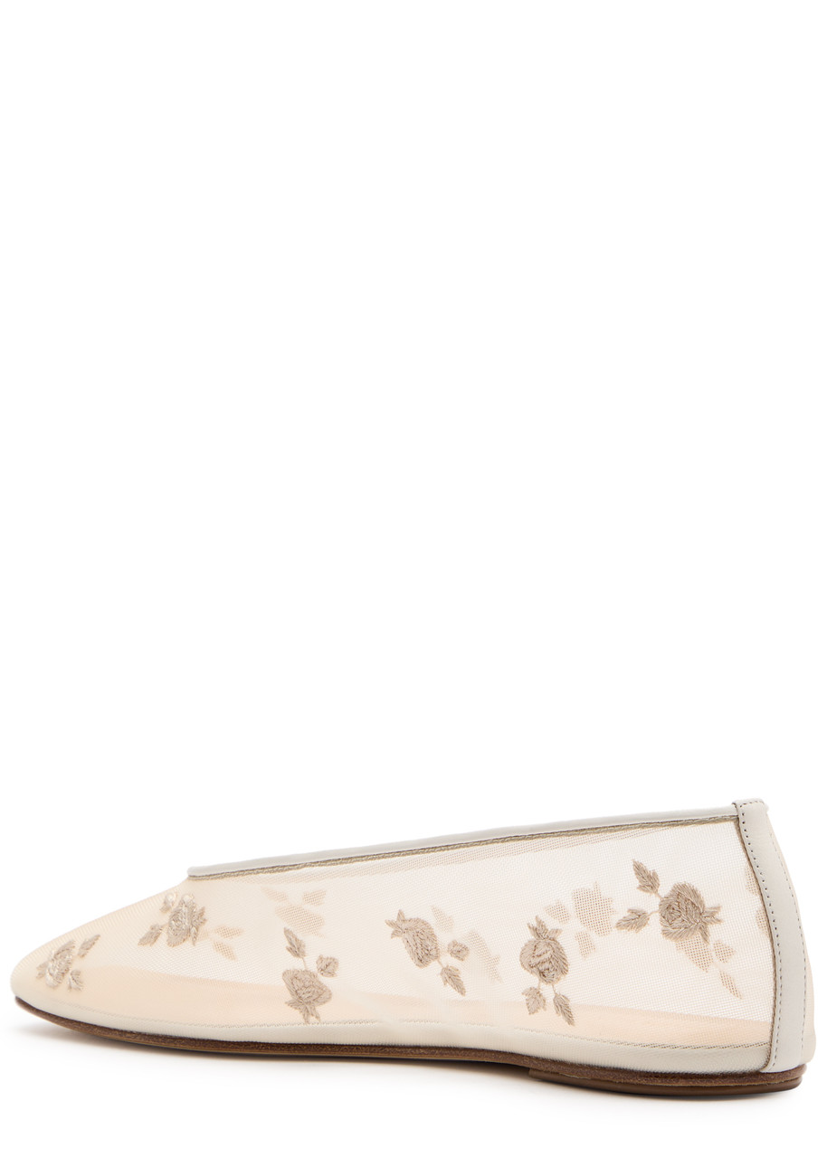 Shop Magda Butrym Floral-embroidered Mesh Ballet Flats In Cream