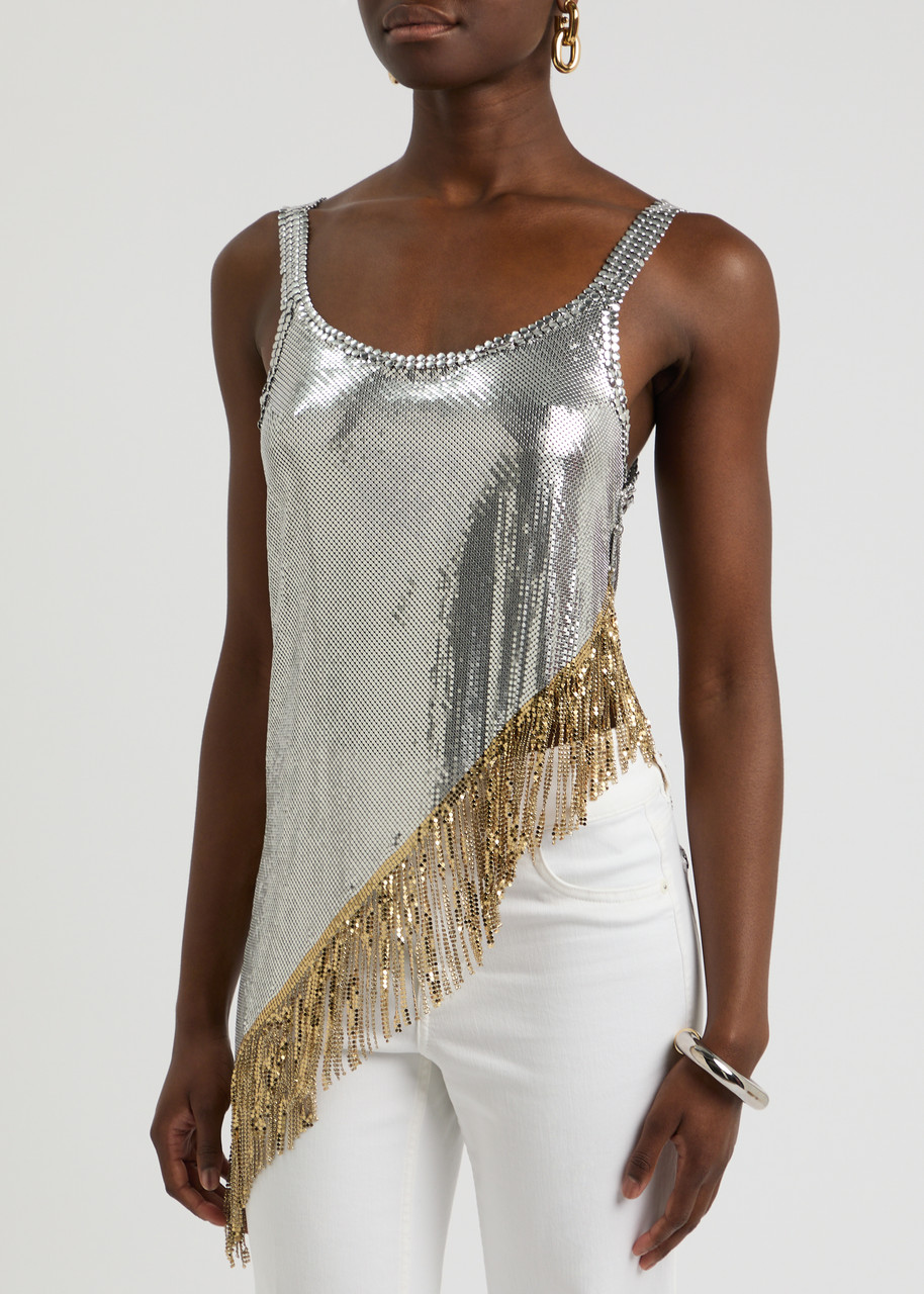 Rabanne Fringed Asymetric Chainmail Top In Silver