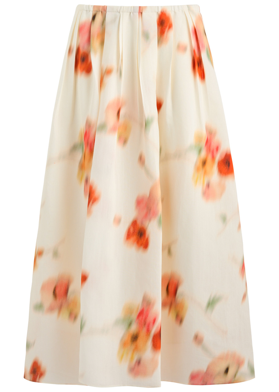 Shop Vince Floral-print Midi Skirt In White