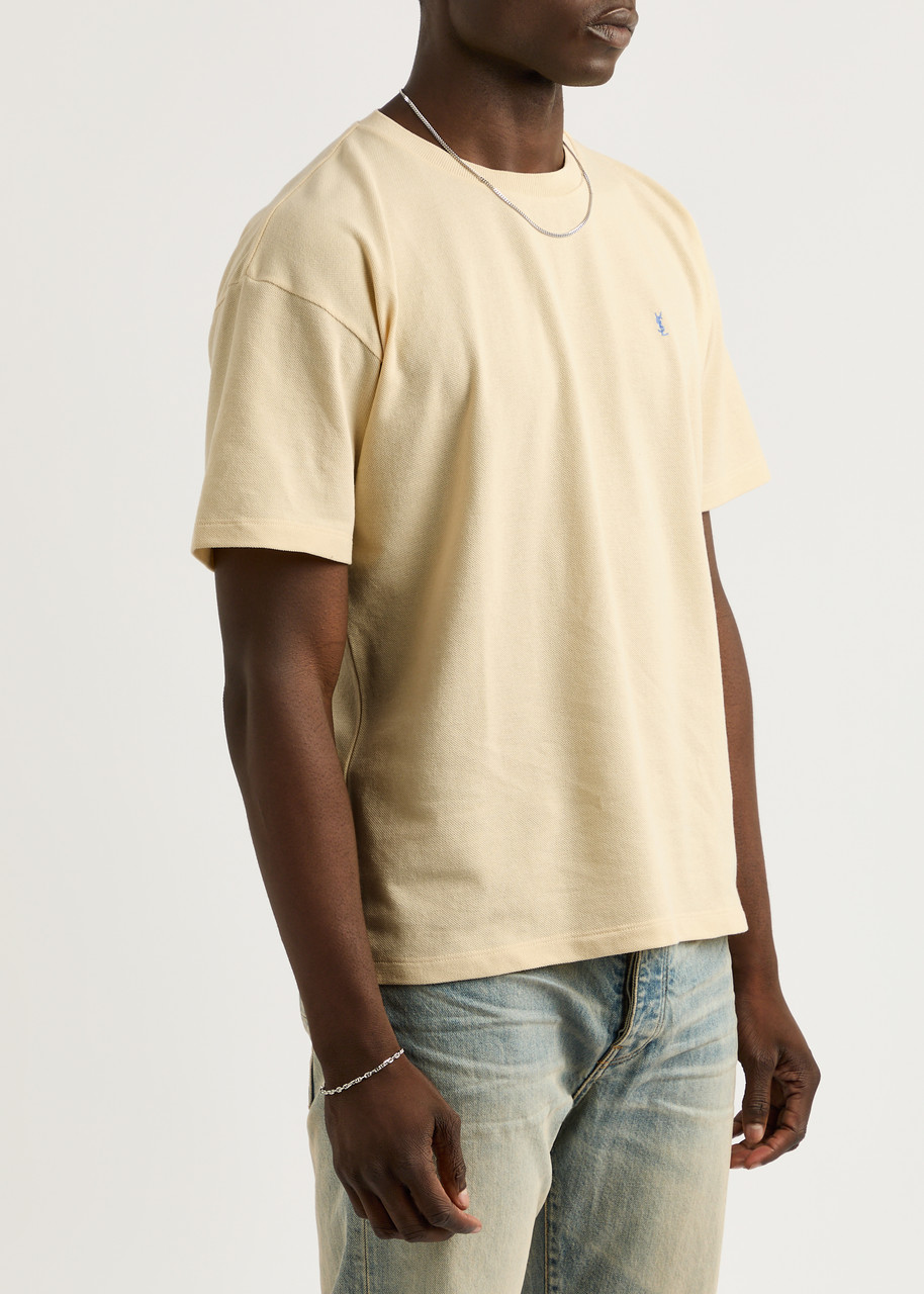 Saint Laurent Cassandre Logo-embroidered Cotton-blend T-shirt In Yellow