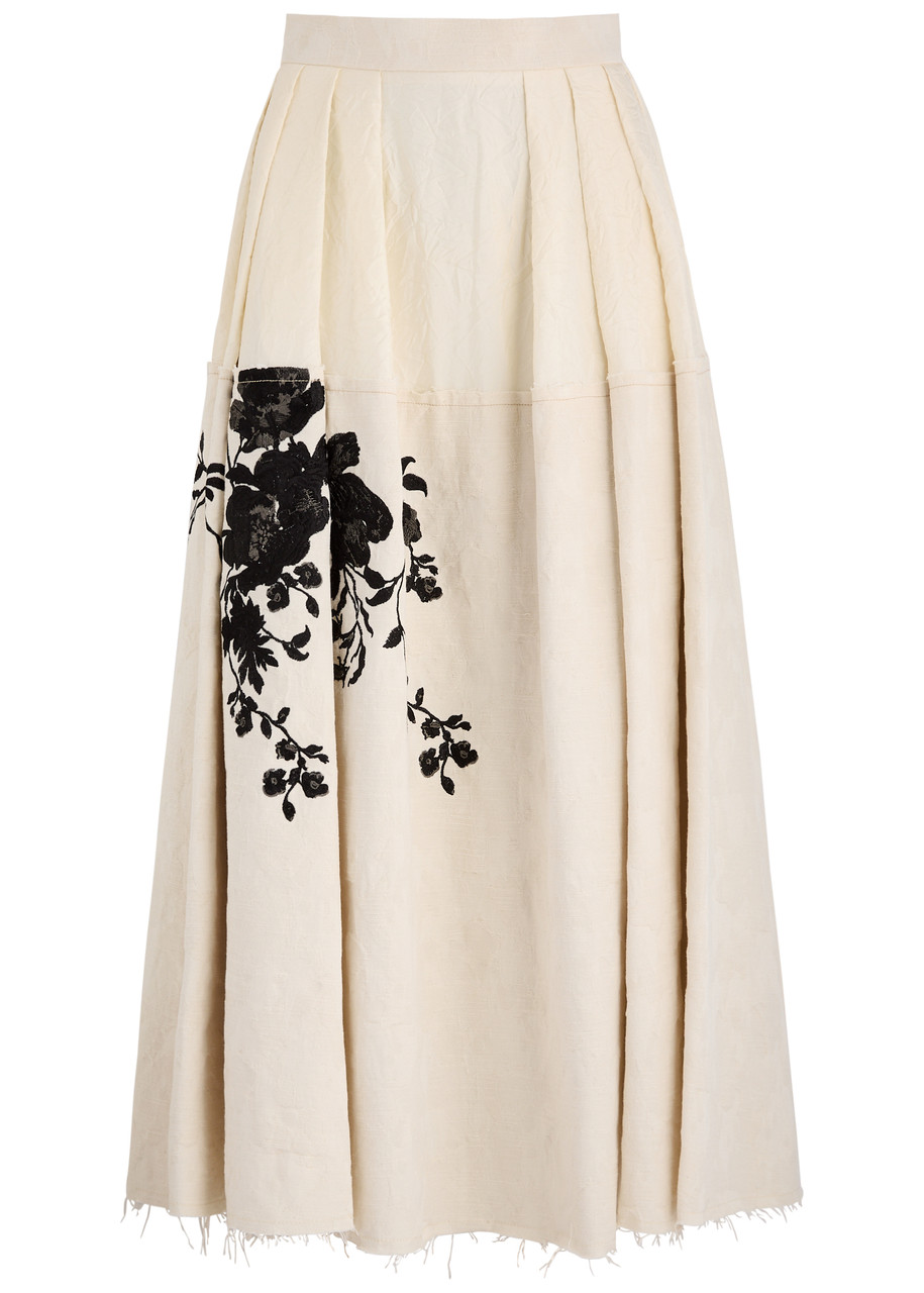 Erdem Floral-embroidered Cotton-jacquard Midi Skirt In Ecru