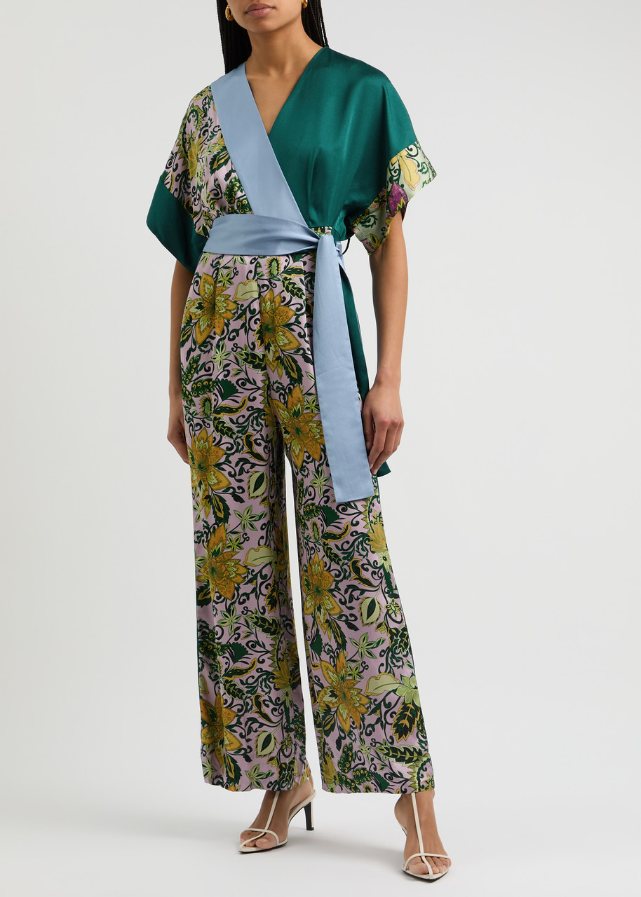 Diane Von Furstenberg Rinna Patchwork Satin Jumpsuit In Green