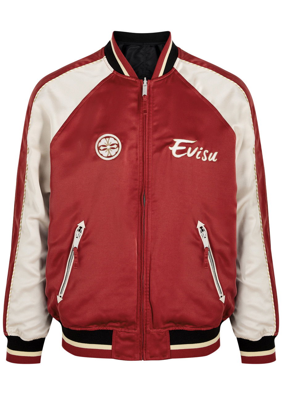Shop Evisu Seagull And The Great Wave Reversible Satin Varsity Jacket In Dark Red