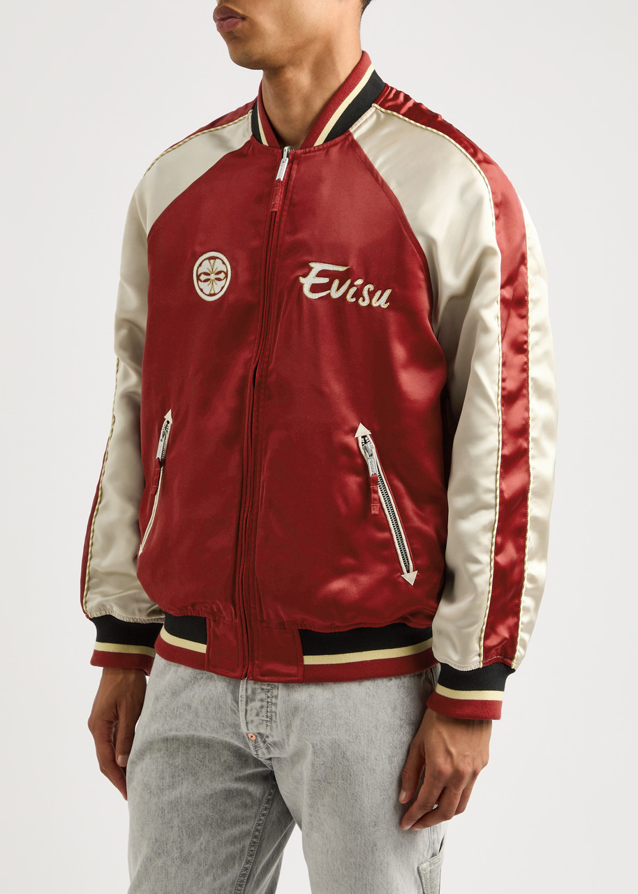 Shop Evisu Seagull And The Great Wave Reversible Satin Varsity Jacket In Dark Red